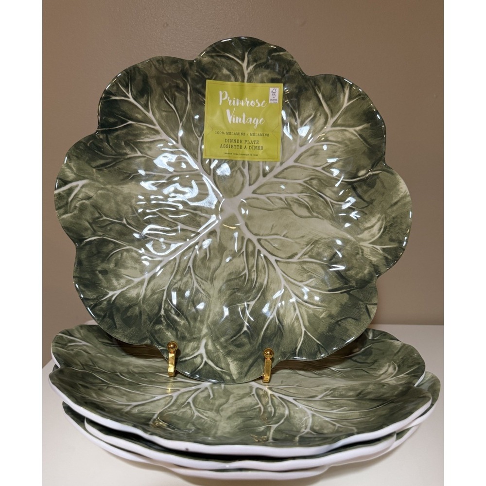 Primrose Vintage set 4  CABBAGE LEAF DINNER PLATES scallop edge Melamine 11" NEW